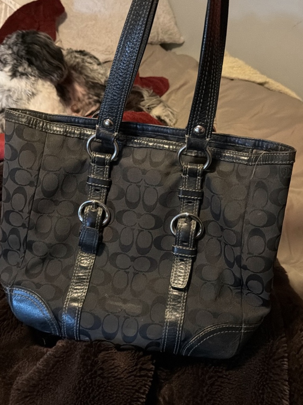 Coach Black/Gray Signature Shoulder Tote - Picture 2 of 5